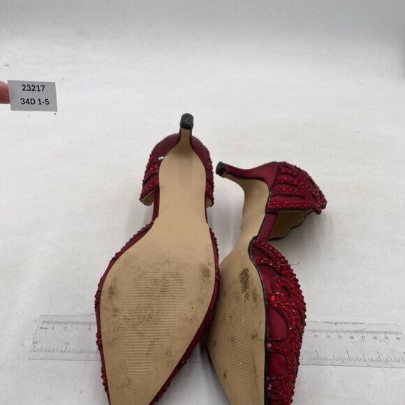 XYD Women's Pumps,  Pointed Toe, D'Orsay Kitten Low Heels, Red Rhinestone Studs - Picture 7 of 8